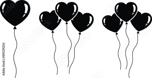 Black heart shaped balloon silhouettes floating with strings, romantic love celebration design, Valentine theme illustration isolated on white background for modern decorative graphic use