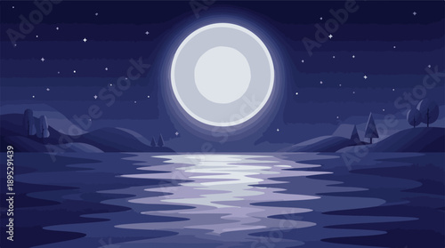 Full moon night landscape with reflection on water and starry sky