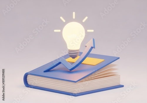 Illuminated idea bulb rises above open book with growth chart