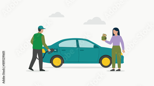 Car refueling at gas station, woman holding money, illustrating fuel costs