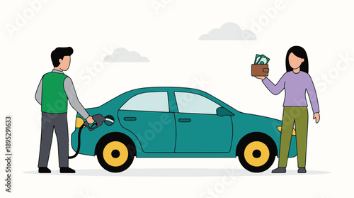 Man fueling car at gas station, woman holding wallet with money for fuel cost