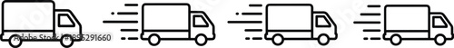 Delivery truck icon set showing motion and speed concepts, minimal line style vehicles for logistics, shipping, courier services, fast transport, and business transportation illustrations.