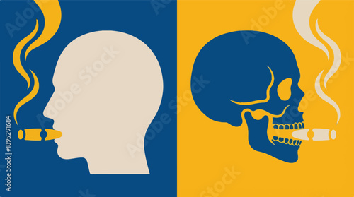 Human Head and Skull Smoking Cigars: Conceptual Contrast of Life and Death