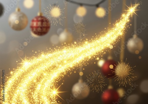 Magical golden sparkle trail weaving through festive holiday ornaments and lights