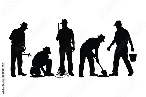Five workers in silhouette performing various tasks on a construction site, viewed from the side in a simple graphic illustration style.