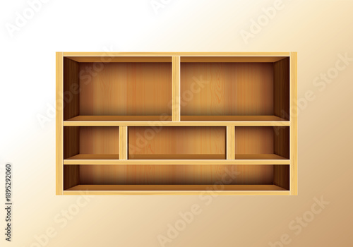 Empty Wooden Shelf Cabinet with Multiple Compartments on Light Background