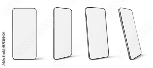 Set of four modern smartphones with blank white screens in different angles, isolated on white background