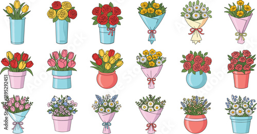 Hand drawn flower bouquet vector set with colorful floral arrangements in vases for wedding, greeting card and spring design