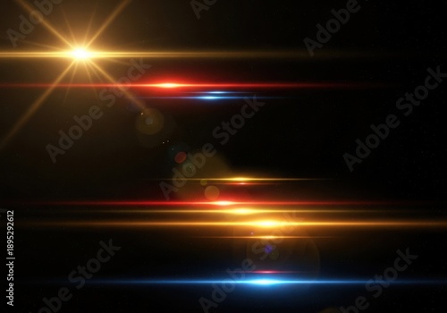 Vibrant lens flares create a dynamic abstract light show on a dark background