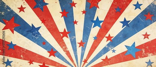 Retro starburst pattern with red and blue stars, vintage American-style background.