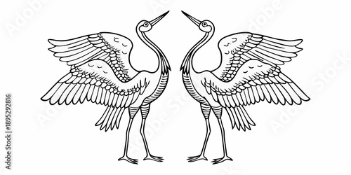 Two elegant cranes facing each other with wings outstretched in a sketch