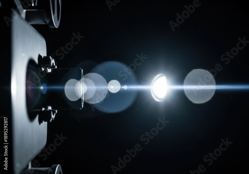 Close up of a camera lens with bright light flares and reflections