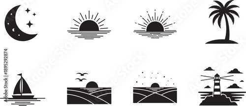 Black and White Minimalist Icons Set Featuring Celestial Bodies and Coastal Elements