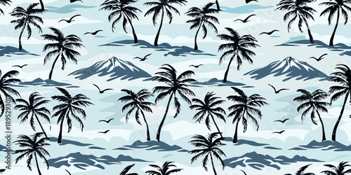 Tropical seamless pattern with palm trees mountains and flying birds