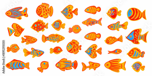 A colorful collection of stylized fish illustrations on a white background