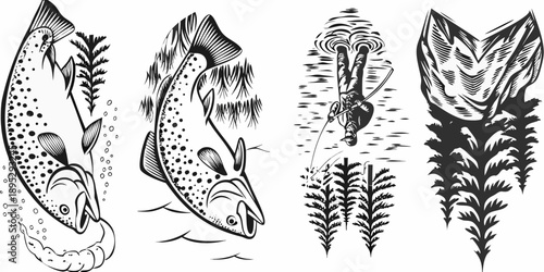 Illustrative black and white depictions of trout and fishing scenes