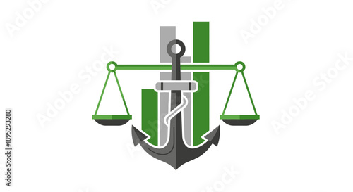 Financial Stability, Legal Compliance, and Growth Logo. Anchor, Balance Scales, and Bar Chart Icon.