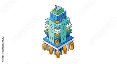 Isometric Financial Data Tower Illustration: Layered Stacks of Documents and Gold Coins Representing Complex Systems, Wealth Management, and Regulatory Structure.