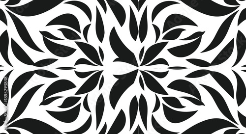 Abstract floral geometric pattern silhouette, seamless decorative leaf ornament design, modern symmetry background, black white vector illustration