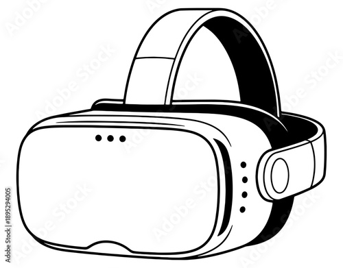 Modern Mixed Reality VR Headset Vector Illustration, Minimalist Virtual Reality Goggles Line Art, Black and White Metaverse Equipment Design Isolated on White Background.