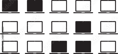 Minimalist Laptop Icon Set Featuring Open Notebook Computers with Solid and Outline Screen Displays for Tech Web Design