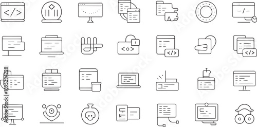 Minimalist Software Development and Web Coding Line Icon Set for Programming Interface Design and Technology Graphics