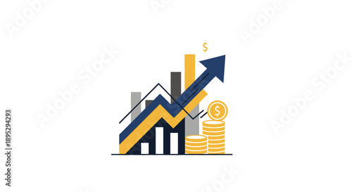 Financial growth graph with rising arrow and coins.