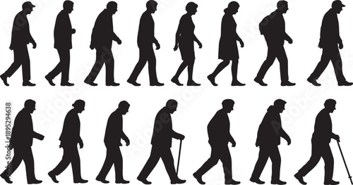 Senior Elderly People Silhouette Set Featuring Older Adults Walking and Using Canes for Aging and Retirement Concept