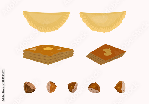Novruz Bayram Traditional Azerbaijani Sweets Vector Set: Baklava, Shekerbura,  Hazelnuts on White Background. Good for use in menu design, festive greeting cards, food packaging, and cultural projects