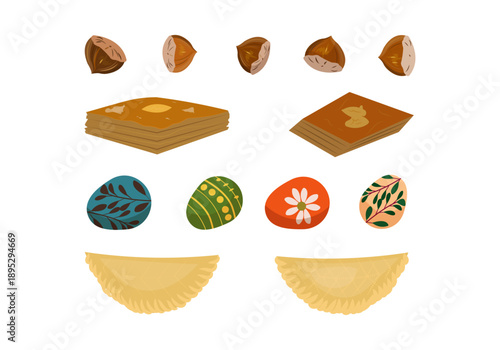 Novruz Holiday Vector Set: Baklava, Shekerbura and Decorated Eggs on Transparent Background. High-quality vector illustration set featuring traditional Azerbaijani sweets for Novruz Bayram.