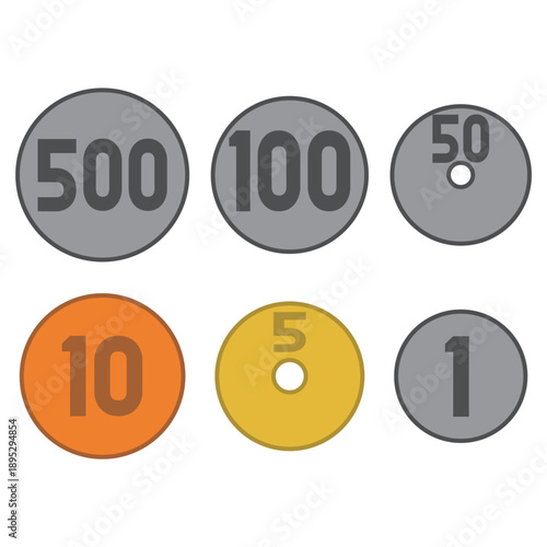 日本の硬貨（お金）6種類セットのシンプルイラスト