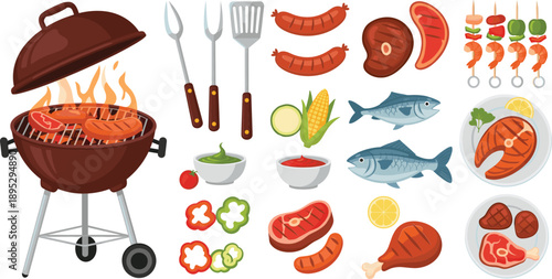 Barbecue grill cooking vector set with meat, fish, sausages, vegetables and utensils for summer BBQ design