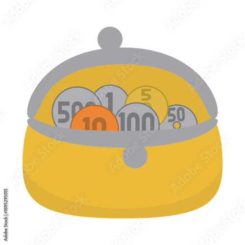 小銭（硬貨）がたくさん入ったがま口財布のイラスト