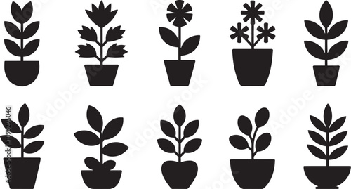 Minimalist Potted Plant and Flower Silhouette Set for Interior Design Home Gardening and Botanical Branding Elements