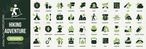 Hiking and adventure fill icon collection. Includes outdoor travel, camping, and trekking elements. Created in colored style with green palette