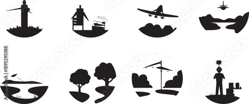 Eco-Friendly Environmental Icons Set Featuring Renewable Energy Conservation and Sustainable Green Industry Silhouettes