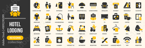 Hotel and lodging fill icon collection. Includes hotel services and accommodation symbols. Created in colored style with yellow palette