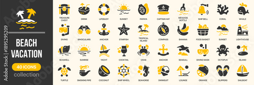 Beach vacation fill icon collection. Includes tropical leisure, and marine symbols. Created in colored style with yellow palette