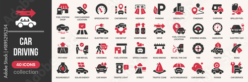 Car driving fill icon collection. Includes vehicle control, road traffic, and service symbols. Created in colored style with red palette