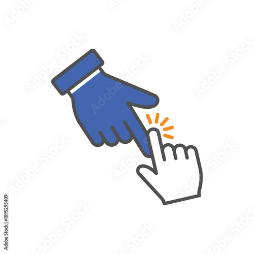 Two cartoon hands interact one blue glove guiding a white hand to click a button or icon with an orange click effect