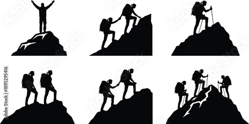 Mountain hiking silhouettes, teamwork climbers helping each other, adventure success concept, leadership support, outdoor challenge, achievement journey illustration