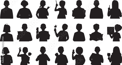  Educational silhouette set with diverse figures holding books, pencils, and teaching tools