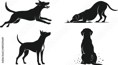 Black dog silhouette set, different poses and actions, canine animal illustration, isolated on white background, minimal design collection