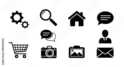 Black and white icons representing various digital and business concepts