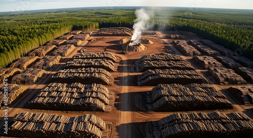 Aerial View of Large Timber Yard with Forest Background image