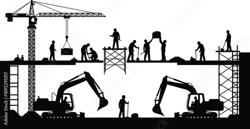 Construction site silhouette with workers, cranes, excavators, teamwork, building process, labor, engineering, architecture, development, isolated black figures on white background