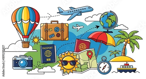 Travel Concept with Cartoon Elements and Accessories.
