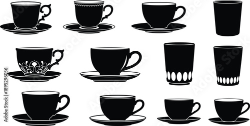 Black and white coffee cup and glass silhouettes collection featuring elegant teacups mugs and drinkware icons isolated on white