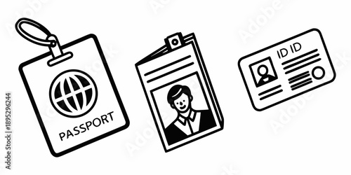 Identification Icons Set – Passport and ID Card Vector for Verification and Security.