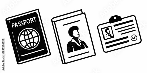 Identification Icons Set – Passport and ID Card Vector for Verification and Security.